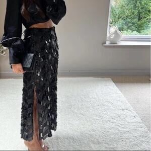 Zara Black Sequin Midi Skirt Size Extra Small XS